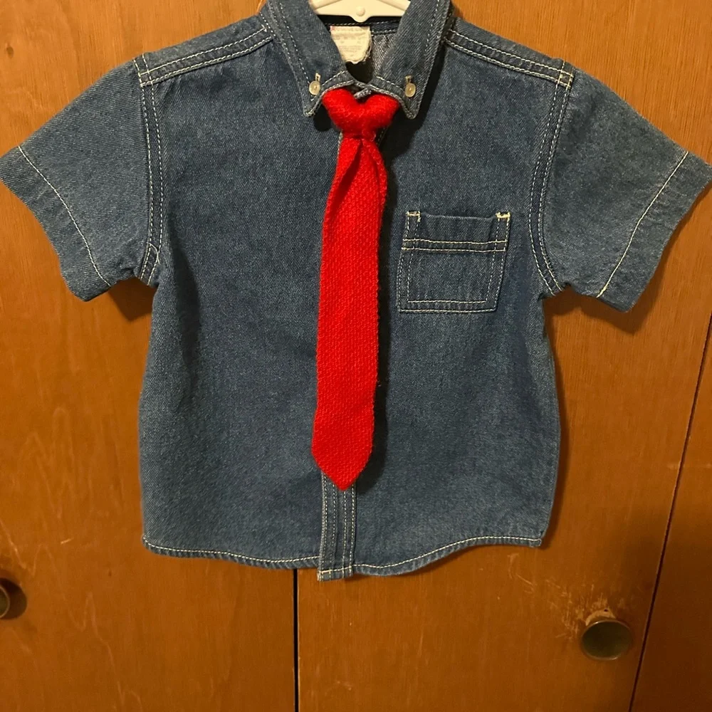 Kids Denim Shirt with Red Knit Tie